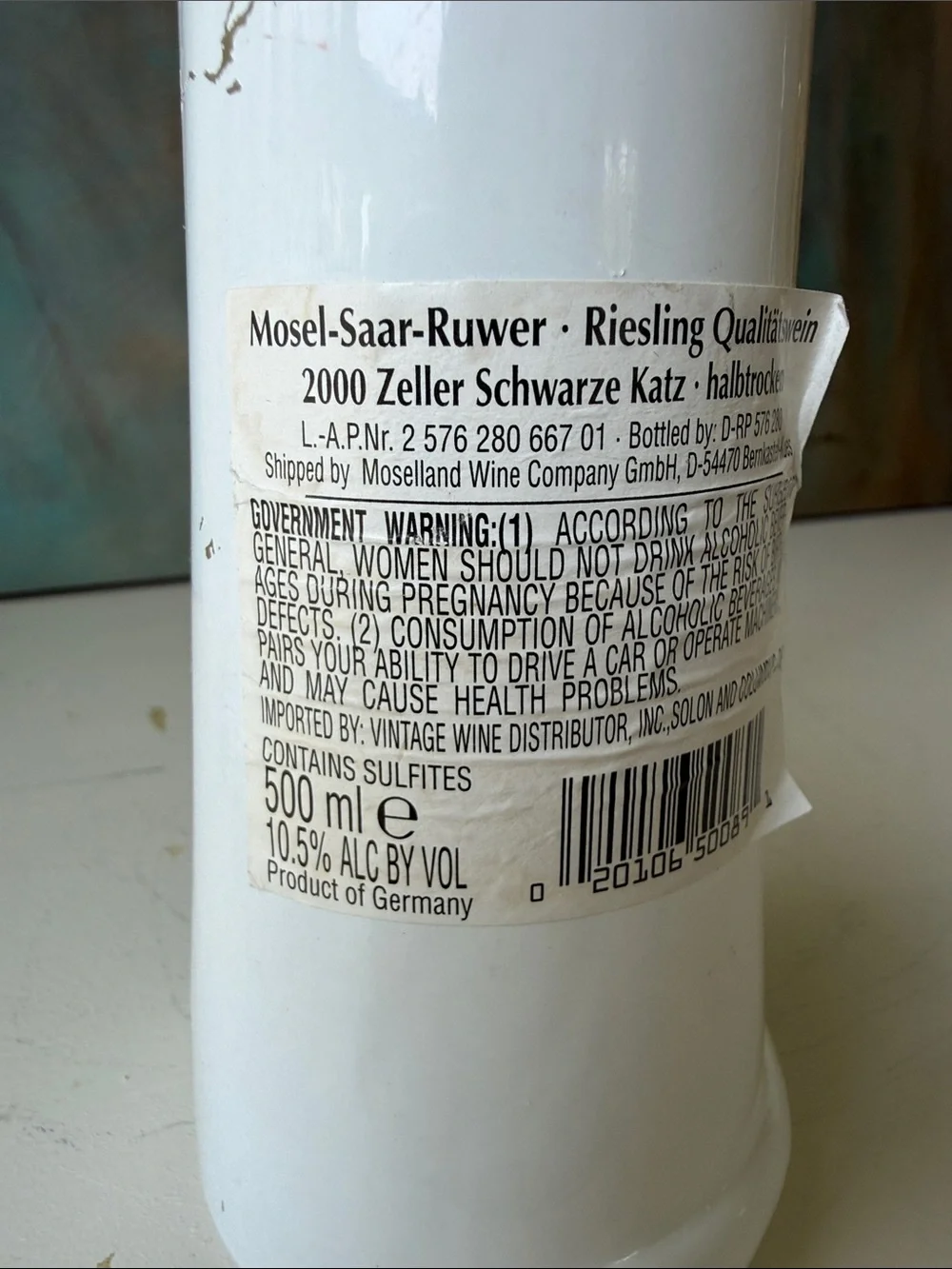Vintage White Cat Shaped German Riesling Wine Bottle - 13”
